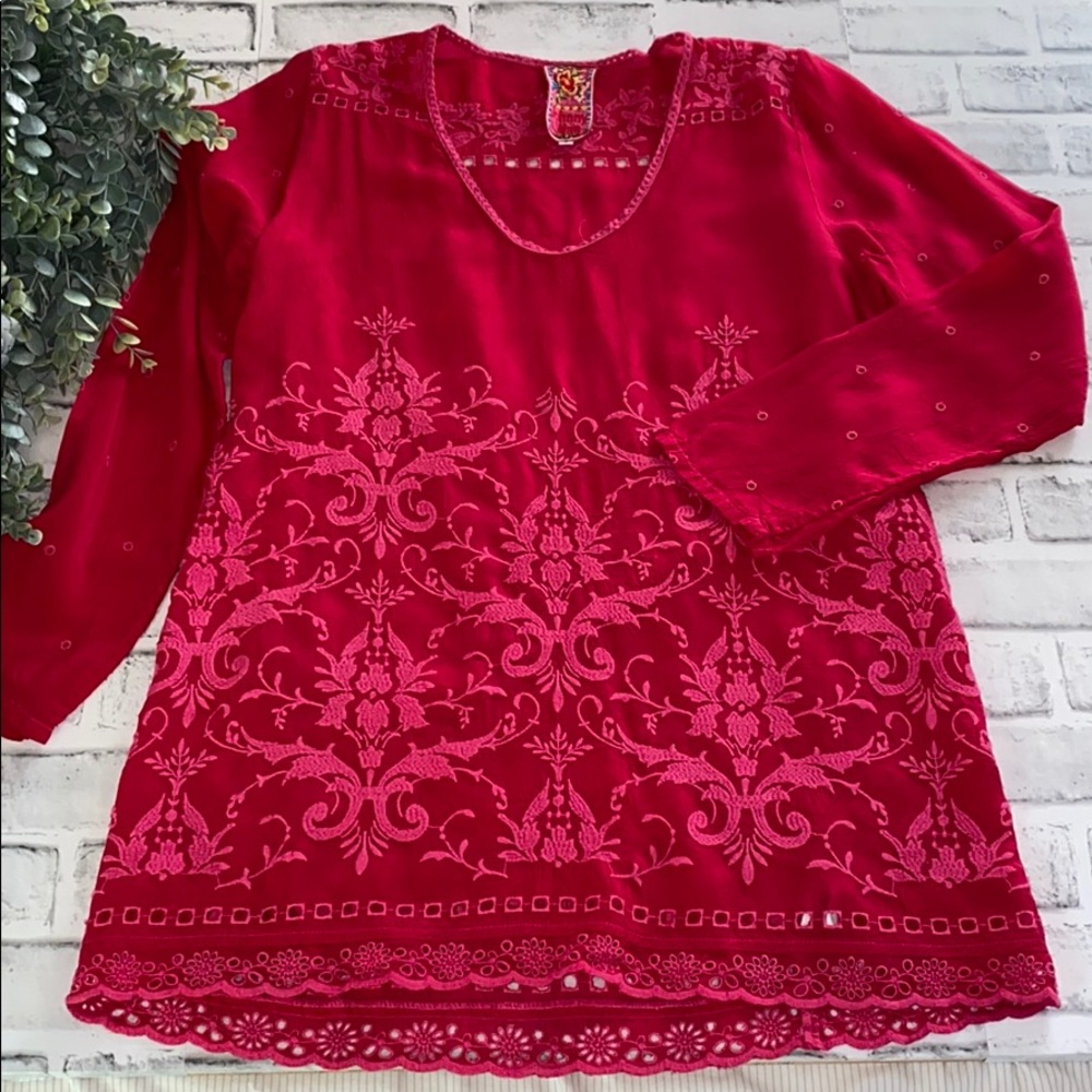 Johnny Was Red Embroidered Long Sleeve Tunic